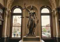 Lady Justice statue labeled “SCALES OF JUSTICE – DEDICATED 1954 –”