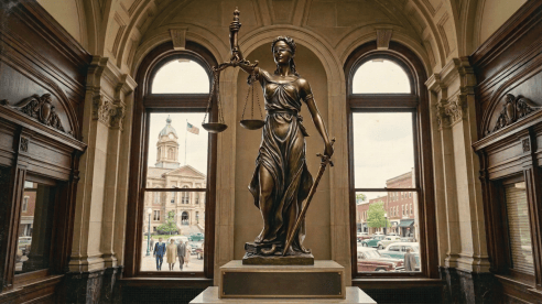Lady Justice statue labeled “SCALES OF JUSTICE – DEDICATED 1954 –”