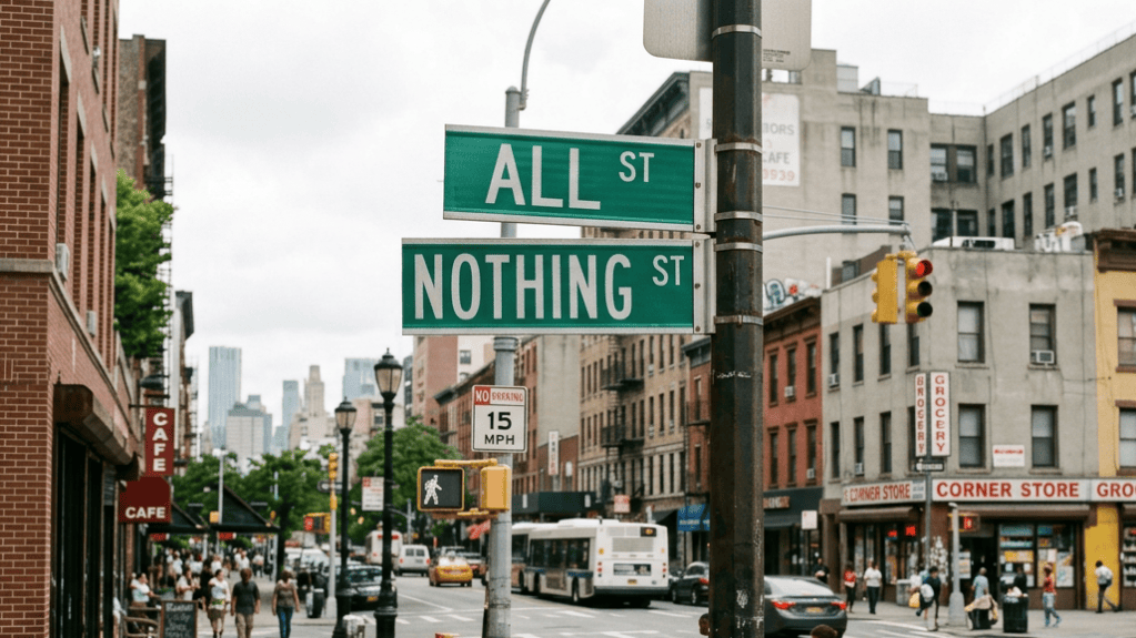 Street signs reading ALL ST and NOTHING ST at a busy city intersection